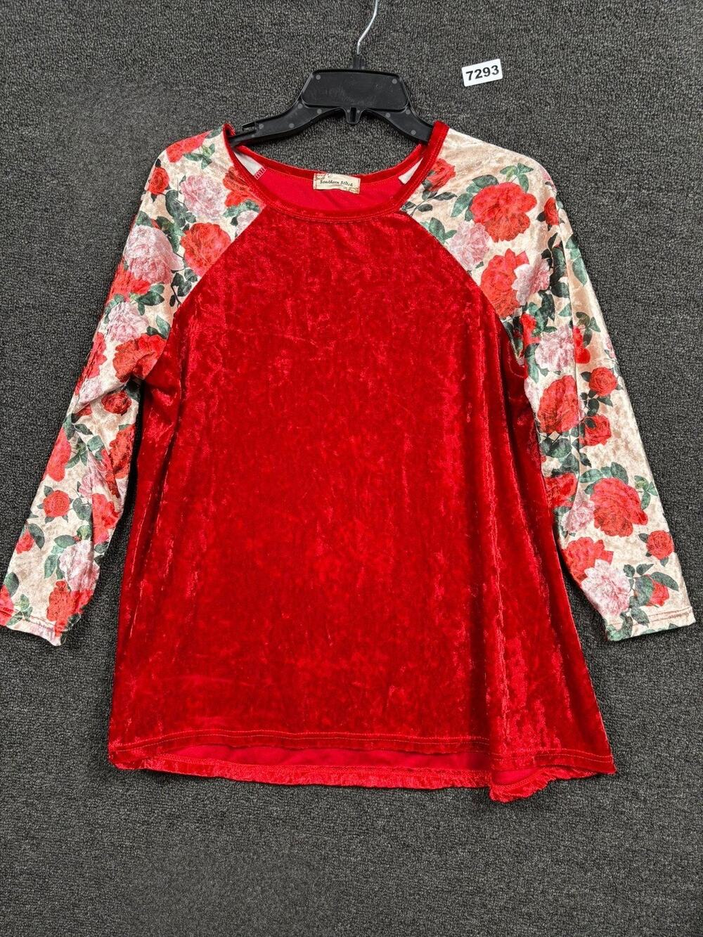 Southern Stitch Shirt Womens Large Red Floral Velvet Tunic Raglan 3/4 Sleeve